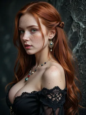 photograph, digital art, fantasy style, beautiful red-haired woman, long straight hair, fair skin, freckles, green eyes, delicate features, wearing black off-shoulder dress with lace trim, beaded necklace, ornate earring, big breast, looking over shoulder, soft light, dark textured background, ethereal, fantasy character, intricate hair details, realistic texture, fantasy portrait, romantic, mystical, detailed, elegant, soft focus, dreamy atmosphere.