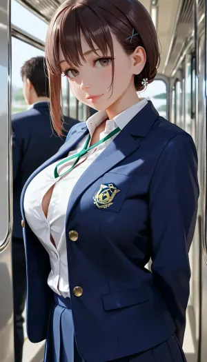 (RAW photo, realistic, ultra-detailed:1.12), photography with a blurred background, getsuyoubi no tawawa, in train, I-chan with loose tie, fluttering Tie, (white blouse with unbuttoned some buttons:1.12), dark blue blazer, (skinny:.8), <lora:anime_sdxl_v1:1.1>, <lora:MK_jiaoqi_xl_v1.1:1.8>