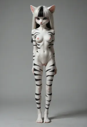 Young anthropomorphic white furry cat with black stripes, very long black and white hair, extremely long black hair, thin build, playful look, anthropomorphic young furry, standing on two legs, thigh gap, full-length image, female, slender athletic body. pussy, nipples, big breasts. short stature, small body, cute, big head, long slim legs