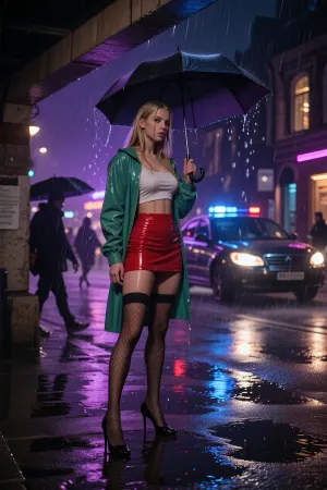 Fantasy setting, cgi Render with imperfections deepest saturated dark purple colors Style, (maximum quality:1.5), (high resolution:1.5), (masterpiece:1.8), (film grain:1.8), ((photorealistic)), Ultra low-key cinematic photorealism, ultra low-key cinematic documentary realism, Hamburg Reeperbahn at night in cold heavy rain, (maximum quality:1.5), (ultra high resolution:1.5), (masterpiece:1.8), (photorealistic:1.7), (cinematic realism:1.6), premium full-frame photographic look, 35 mm prime lens, subtle analog film grain, a woman working the street, 24 years old, standing in the clear foreground beneath a shallow masonry overhang, seeking shelter from the rain, thin delicate build, long wet blonde hair, high heels, hold-up stockings with fishnet texture, a very short tight red skirt, a skin-tight cropped top, a thin green rain jacket hanging open and reaching to mid-thigh, the fabric soaked by rain, she holds an umbrella in one hand, using it to shield herself from the downpour, her posture tired but alert, focus sharply locked on her in the foreground, puddles covering the street, rainwater rippling and reflecting neon and streetlights, cars passing by on the wet road, in the background a police car rushes past with blue flashing lights and siren, spraying water into the air, hurried pedestrians moving through the rain, some blurred by motion, dramatic underexposure, deep blacks, cold wet atmosphere, strong contrast, warm and cold color separation, realistic skin texture, detailed wet fabric, glossy reflections on asphalt, subtle volumetric rain haze, cinematic depth of field, rich shadow detail, natural urban grit, emotionally tense but realistic street scene