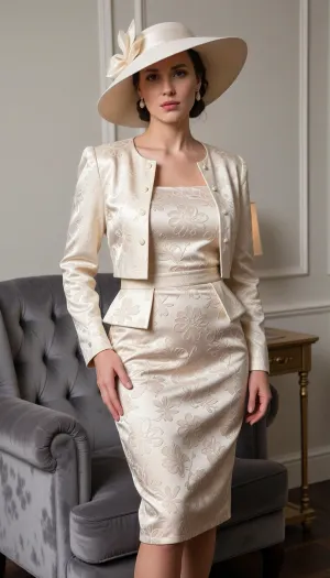 masterpiece best quality, 32yo adult female, pale skin, refined facial features, wearing a cream-colored floral jacquard dress with matching cropped jacket and a wide-brimmed cream fascinator hat, standing beside a grey velvet armchair, neutral expression, high-society poise, 8k resolution, Kodak 35mm film, realistic skin texture, sharp focus, (--ar 9:16)