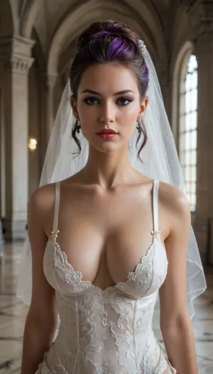 shallow depth of field, 85mm lens, (18-year-old:1.6), beautiful, athletic, (young:1.6), petite, (((Brazilian girl))), ((black eye shadow)), ((brunette updo hair with purple highlights)), (((Mahogany skin tone))), ((tight large breasts)), (bridal veil), ((white bridal lingerie)), ((inside an opulent cathedral)), ((inside an ancient temple)), ((leaning on an altar)), ((posing like a super model)), direct eye contact, warm glow, cinematic atmosphere