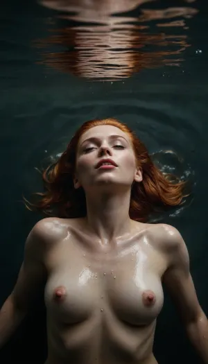 A COLOR photograph of a woman floating on her back in water, her face tilted upwards with a joyful expression, partially submerged, more nudity, prominently showcasing medium sized breasts, firm buttocks, fully naked, [Artistic Style], Vintage Photography, Film Noir, [Color Palette], with high contrast, [Lighting], Dramatic lighting, strong highlights and shadows emphasizing the water droplets and contours of the body, [Composition], full body shot, slightly from above, focusing on the woman's face and body, water texture filling the frame, [Additional Details], Grainy texture, reminiscent of classic Hollywood photography, water droplets glistening on the skin, a sense of liberation and vulnerability, soft focus on the background, classic 1940s hairstyle, . Shot in 75mm with Panavision lenses, the image boasts sharp focus, fine details, and realistic textures in 8K HDR. The scene blends depth of field with vibrant cinematic color grading, capturing her natural beauty in a dramatic film-still aesthetic. The overall impression is one of sexual activity. Impressive composition, natural beauty trending on Artstation, 8k, high resolution, best quality. Bright ginger hair, very long hair, wet hair, full body naked only the accessories informed they use, they have medium breasts NUDE, (1.8), and shaved vagina NUDE, (1.3), above the vulva, cinematic shot, dynamic lighting, 75mm, Technicolor, Panavision, cinemascope, sharp focus, HDR, realism, realistic, key visual, film still, cinematic color grading, depth of field.