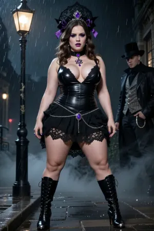 50 years old, ((pale white)), housewife, Classy, thick booty, (curvy waist:1.2), (chubby:1.6), sexy thick legs, thick arms, saggy natural tits 32b, wavy brunette hair, black eye shadow, Dark Purple lipstick, Glossy oiled face & body, dark purple amethyst pentacle necklace, dark purple amethyst wedding ring, small nipple rings, slutty smirk, (wearing black leather and lace deep v-neck half top, silver chain medallion, lace skirt, high heel leather lace-up boots with silver toes, elaborate headdress constructed from lace, velvet ribbons), ((standing under street gas lamp post, rainy dark night)), ((very foggy)), (very little background light, sky is very dark, dark shady except for gas lamp post 1867 London in the rain, intense fog), ((she is unaware of danger but fearful and scared feeling)), entire body view, focused lighting on her, photorealistic, arcane look, 8k resolution, UHD, (view from afar, far shot:1.7), (her whole body in view from head to feet:1.7), (wife looking at viewer:1.3), (whole face remains in clear view throughout:1.5), ((she is left in distant composition, far shot)), ((very much in the shadows, mysterious Jack the Ripper lurking in background shadows to right, top hat, 31yo, medium complexion, small pocket watch with chain in lower side vest pocket, wealthy, he is not the focus, almost lost in fog and shadows))