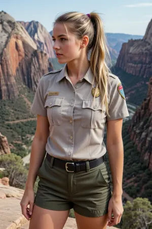 stunning park ranger wearing a flattering polo shirt and khaki shorts
her long blonde hair is tied back in a sporty ponytail
she's on top of Angel's Landing in Zion National Park with an incredible vista behind her