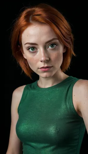 skinny woman, wide green eyes, small tits, small breasts, short red hair, freckles, green metallic top, full body view, selfie, black background.