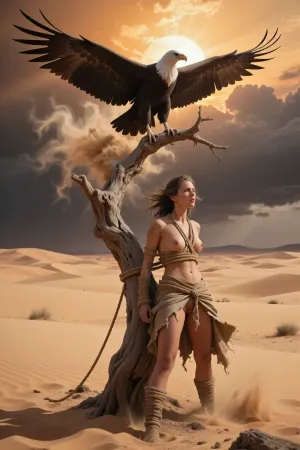 A vast, desolate desert beneath a brutal burning sun. In the center stands the twisted trunk of an ancient dead tree, completely isolated among endless dunes.

An adult woman is tied to the weathered trunk with coarse ropes. She is sparsely dressed in torn, weather-beaten desert clothing, dusty and damaged by the harsh environment. Her hair is tangled by the wind, her skin covered with dust and sand. She looks exhausted but defiant, struggling subtly against the ropes.

Directly above her, a huge vulture sits motionless on a dead branch, watching her from the shadows of its wings.

The camera begins extremely wide, emphasizing how tiny the woman and tree are against the enormous empty desert. It slowly pushes toward them as heat distortion ripples across the horizon.

The vulture suddenly spreads its enormous wings. Sand explodes around the tree in a powerful gust of wind. The woman raises her head and looks toward the distant horizon.

The camera circles around the dead tree, revealing the ropes, cracked bark, blowing fabric and the vulture towering above her. Dark storm clouds slowly begin forming far in the distance.

Surreal, ominous and symbolic atmosphere, extreme isolation, dramatic desert landscape, strong wind, blowing sand, harsh sunlight, cinematic shadows, photorealistic skin and fabric, restrained sensuality, non-graphic peril, monumental composition, 4K, 24fps, (16:9), no text, no logos.