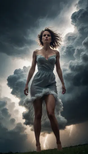 Cinematic, wide angle, 35mm, dramatic storm. The form of a woman from billowing clouds, a full body image of a woman, semi-transparent stormy clouds, dark sky, lightning sparking through her cloud body, martius_storm woman, <lora:Storm_Cloud_Style_SDXL:2>, <lora:Aether_Cloud_v1:.8>