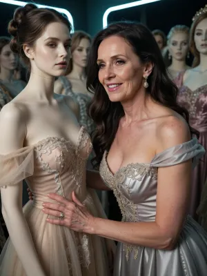(majestic atmosphere), (chiaroscuro neon raytarcing lighting:1.9), ((pale matte ultra-raw style:1.9)), (very trying an evening dress in fitting room), (very heavy crowd of female human-like haired fitting dummies in random minimalist color sheer victorian royal-event gowndress:1.9), (((extremely aged insanely mature brutally elder 90 year old grandma:4.9))), (wrinkled ugly pale skin texture:1.9), (((very caressing dummies dresses:1.9))), (((inspecting dresses))), eyes open, dark brown hair, (slim), (curvy), earrings, lipstick, white teeth, perfect denture, bold eyelashes, glossy shiny makeup, (simple flirty evening wearing), (calm natural seductive face), (((amorous flirting))), (talking dirty:1.9)