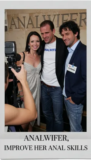polaroid photo, photographer seen from behind taking pics with a camera, (Standing two men and a woman posing smiling for a portrait in front of the photocall of the company), the word "ANALWIFER" is graved in the wall, exactly written caption at the bottom with arial letters "ANALWIFER, IMPROVE HER ANAL SKILLS", slim realistic grandma and two men are posing in front of the photographer for a portrait, she has dark hair, She is dressed elegantly in a night dress with a bag, she is smiling happy to photographer. the director wears a suit with t-shirt underneath that says "ANALWIFER", Director is in the middle of the portrait, (50yo husband wears a shirt without letters and jeans:1.3), with a visitor card pinned to his shirt that says "HUSBAND"., (looking to photographer:1.2), He has a lot of slightly wavy thick dark hair with a curl over the forehead, (grandma female 65 years old with sagging skin), medium-lenght straight dark hair, (pale skin), very slim, (very sagging skin, face wrinkles:1.4), high heels
Hard, direct, pop-up style frontal camera flash lighting, creating extreme high contrast between brightly lit foreground subjects and a deeply shadowed, dark background. The skin has a distinct glistening, sweaty-look sheen. Rapid fall-off of light into chaos and darkness in the distance. Retro flash color rendering with harsh highlights and potential red-eye effect.