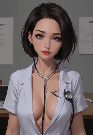 Doctor listening to a woman's heart using a stethoscope, Sexy asian goth girl in doctor's office, her hands behind her back, cleavage, back arched, smiling, excited, (hyper detailed), ((older doctor listening to her heart with a stethoscope)), (violet eyes), bare chested woman, large saggy breasts, no bra, (SamDoesArts:.9), drawing, (J_cartoon:1.3), (incase:.5), <lora:SDXLSamDoesArts:.5>, <lora:mk_Bp Anime_xl:.2>, <lora:EnvyAnimeDigitalPaintingXL01:.1>, <lora:ratatatat74-000050:.1>, <lora:J_cartoon:.1>
