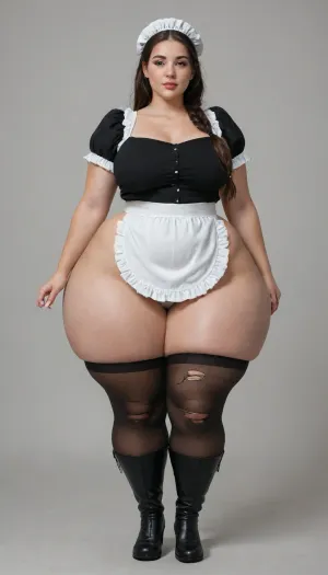beautiful big Moroccan woman, SSBBW, front view, voluptuous, pawg, medium breast, bottom heavy, huge massive gigantic ass, giant hips, hyper ass, extremely hyper hips, hyper wide hips, huge hips, hyper thighs, huge thighs, thick thighs, massive hyper thighs, massive hyper hips, massive thighs, wide hips, thighs bigger than waist, very wide hips, very tall ssbbw pawg, ((extra saggy east west type brests:1.1)), ohwx, plump, skindentation, chubby, bbw, venus, body, big, breasts, ass, very long black braided hair black coloured hair, she is dressed in a maid's outfit, a very short black miniskirt, torn sheer black tights, and a white cap with a white apron, She is wearing long, shiny black leather boots that reach up to her knees, very wide hips and ass like Deisy Garcia, hourglass body shape, wide viewpoint, whole body