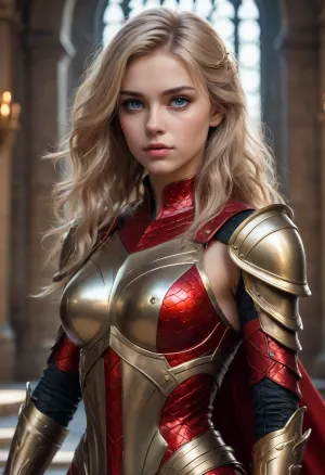 18 year old woman, Attractive female with very long beige messy hair. Full body photo, long beautiful legs, Smolder. Alluring-expression. Wearing armor of red scales with gold trim and Black inlay. No helmet., castle interior background. digital painting, digital illustration, extreme detail, digital art, 32k, ultra hd, beautiful d&d character portrait, dark fantasy, detailed, realistic face, digital portrait, intricate armor, fiverr dnd character, wlop, stanley artgerm lau, ilya kuvshinov, artstation, octane render, hyperrealism, dynamic lighting, unreal engine, clean lines, deviantart, bright, blue, eyes, <lora:bright_blue_eyes:.8>