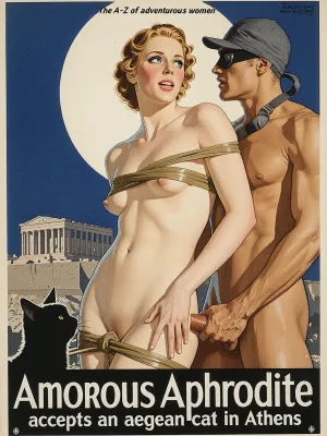 Aphrodite tied up, with an amorous, admiring expression, fucked from behind by a male cat burglar, an aegen cat in the foreground, Athens and Acropolis in the background, might moonlight.

In the style of a 1930s travel poster, water colour illustration, strong line work

Very small text across the top "The A–Z of adventurous women", Text across the bottom "Amorous Aphrodite accepts an aegean cat in Athens"