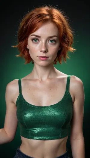 skinny woman, wide green eyes, small tits, small breasts, short red hair, freckles, green metallic top, full body view, selfie, black background.