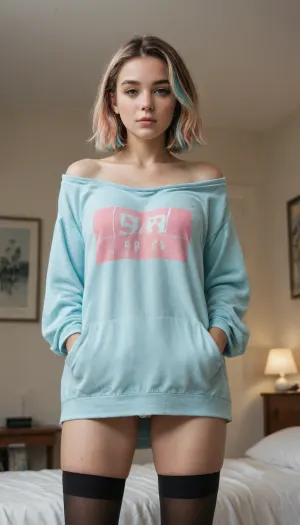 (Cinematic), Creativity Portrait girl, hn tanuki, freckles, pastel streak hair, oversized hoodie offshoulder, thigh highs, bedroom, soft rim
Quality High, Pose From Below