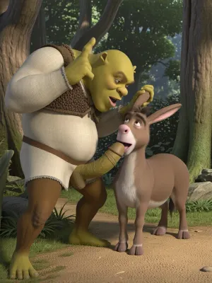 An image in the classic style of the Disney cartoon "Shrek." A fairytale forest, in a clearing, features Shrek giving Donkey a blow job in the doggy style, from the side. Shrek stands in front of Donkey. Shrek's enormous green penis is visible, half-hidden in Donkey's mouth. Donkey gives Shrek a blow job, Donkey sucks Shrek's enormous penis, and Shrek stands in front of Donkey, holding his ears with his hands and thrusting his enormous penis into Donkey's mouth. They look at the viewer with fear, as if caught off guard.