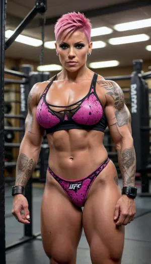 female bodybuilder, short pink spiked hair, large, breasts, big, boobs, huge, tits, dark tanned skin, <lora:uberfit_lora_sdxl:.8>, <lora:bombshell_v2:.8>, dressed as ufc fighter lingerie in octagon, tattoo on arm