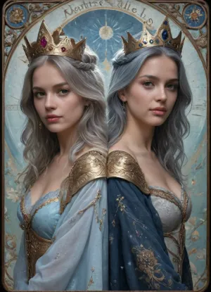 (masterpiece, best quality, ultra-detailed), (photorealistic:1.2), ornate, complex, intricate, highly detailed, symmetrical, (fantasy art:1.1), art nouveau, neo-traditional, digital painting, full shot, portrait, (beautiful mystical queen:1.3), with long flowing, (((blue-grey hair))), (ornate golden crown:1.1), elegant armor, holding a staff, surrounded by mystical creatures, (fish, bird, eel, serpent), water elements, flowing energy, (cosmic clock background:1.2), (golden runes:1.1), glowing eyes, looking at viewer., (deep oceanic blues:1.3), (rich dark golds:1.2), hints of teal and bronze, luminous highlights, volumetric lighting, rim lighting, soft glow, mysterious atmosphere, magical, ethereal, dark background.