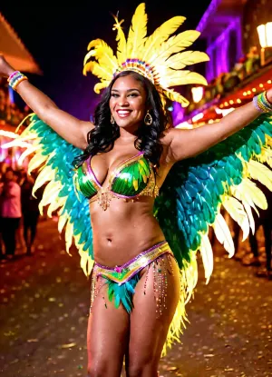 24 yr old Brazilian woman, chunky, tall, medium sized chest, long straight black hair. She is smiling, having fun, enjoyong herself, Gold hoop earings, she is wearing bright colored costume, feature towering feather headdresses, sparkling body suits, bikini top and bottom covered in purple and green gems, lager feather head dress, green and purple feathers, arms extending showing feather wings attached to arms, feather skirt thats open in the front, (At night:1.7), in a colorfully neon lite street, she is dancing infront 100s of people dressed in bright colors celebrating carnival. Full body veiw