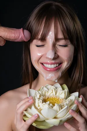 The image shows a close-up of a young woman with brown hair and bangs. Her eyes are closed, and her lips are stretched into a wide smile. The woman's face is covered with a white, viscous substance that flows from her forehead and eyes down the bridge of her nose towards her lips.
In the upper left corner of the image, there is a hand holding an erect male genital organ, which is pointing towards the woman's face.
In the lower part of the image, the woman is holding a large, pale yellow lotus flower with wide petals with both hands. The background of the image is completely black. The woman is depicted without clothes, with her shoulders and upper chest exposed.