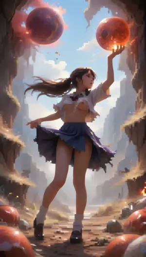 1girl, Japanese model of 21 years old, beautiful extacy face, witch charactor, pink nipples, slim legs, (school uniform), dark blue pleats skirt, (She was attacked by magic from another witch and her clothes is tattered torn:1.2), (her clothes jagged and ripped), (skin peeks through the gaps in the torn clothing:1.5), flying using magical power while riding a big magic circle, looking her breast of E-cups, very long straight hair, high-ponytail, white panty, loose socks, black shoes, lift up skirt, battlefield of magic fantasy world, duel, magical, fire, magic, spell, fireball, element, water, ball, orb, air, wind, earth, rock, plant, sand, <lora:tornclothesv6-8:2>, <lora:ClearHand-V2:.9>, <lora:Wizards__Mages:1.4>, <lora:Magical duel - SDXL v2.0:.4>, great light, <lora:pixel_stormXL:2>
