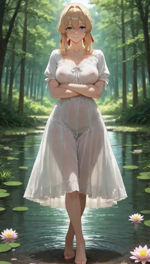 (highres, masterpiece, best quality), (female), Violet Evergarden, long blonde hair, small medium breasts, long erect nipples, large areolas, (standing in lake, hands crossed under breasts, crossed legs, looking at viewer), soft smile, blushing, (full body shot, front view), (forest lake background, water lily in lake), (sheer white nightdress, (shameful expression), (dappled sunlight))