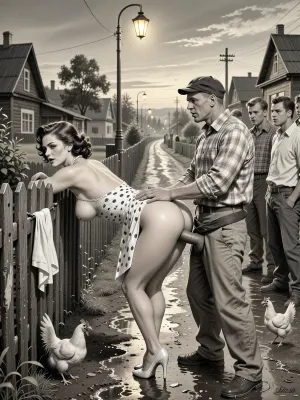 This is is a detailed monochromatic pencil drawing in a classical illustrative style depicts a scene set in USSR, in 1960s, Soviet village, 1960s — a late summer evening. A long wooden village fence stretches along the slushy, wet road, where the dim yellow light of an old street lamp casts shadows. A fashionable 40‑year‑old city dweller — with a large, beautiful bust — is leaning forward in a “doggy style” pose, facing a group of village men. She has bent forward low, resting her slightly bent arms on the old wooden fence. Her snow‑white panties are hanging on the fence. She is illuminated by the light from a street lamp, in the background, a village alley is visible. A married beautiful curvy milf with seductive faces and wide hips, city dweller, a brown elegant hairstyle, she is wearing a polka dot dress in the style of 1960, the dress is lifted high up to the waist, revealing a huge, beautiful butt. a pearl necklace, polished high-heeled shoes completely unsuitable for dirty country roads, carefully curled hair, exaggerated urban sophistication, a female orgasm, chickens running at her feet, rustic peasants in simple clothes watching with fun, rustic atmosphere, humorous contrast between luxurious urban fashion and the poor life of a rural collective farm behind the city lady stands an unshaven village peasant in baggy trousers, an old cap, sharp visors from the movie and battered shoes. He is holding the woman by the waist. He is fucking the woman with his huge, thick, sinewy penis, having pulled his pants down to her hips. he fucks holding a woman by the hips with his hands, This is rough sex from behind — anal sex, hard penetration from behind. Several other men are standing nearby, they are looking at the woman in the doggy position and waiting for their turn. The men are standing in a semicircle.Special attention should be paid to the men’s clothing, ill‑fitting, crumpled jackets, baggy trousers with distinct creases, old eight‑panel caps, rough canvas boots, unbuttoned checkered shirts, and rolled‑up sleeves. All the village men laugh derisively, Their clothing is modest, worn, and slightly dusty&nbsp;—&nbsp;this lends the image an extraordinary authenticity characteristic of Soviet rural areas in the 1960s. In the background, wooden houses and scattered trees are visible, where the warm light of a street lamp merges with the deep blue evening sky. The overall atmosphere is both slightly animated and good‑naturedly comical — like a scene from an old Mosfilm film. Soviet cinematic comedy, the authentic aesthetics of Soviet rural life, warm lamp light, film grain, hyper‑realistic and detailed clothing textures, a relaxed moment, a nostalgic atmosphere. Side angle, medium shot., The overall mood is intense, rendered in fine, expressive line work and subtle shading, evoking the style of 1950s satirical or moralistic illustrations.