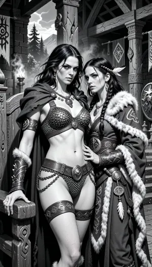 A black and white line drawing depicting an adult Cimmerian barbarian queen standing in the great hall of her people in Cimmeria, in a dark sword-and-sorcery world inspired by Conan. She is in her mid-twenties, tall, powerful and regal, with long wild dark hair, strong rugged features, pale weathered skin, and a calm, stern, self-assured expression. She is beautiful in a fierce northern way, more powerful than delicate. She wears rich but harsh Cimmerian chainmail bikini suited to a cold brutal land, detailed chainmail bikini made from detailed steel rings linked together to form the erotic fantasy armor, broad belts, arm rings, carved bone and stone jewelry, and a heavy cloak draped around her shoulders. One hand rests on the carved arm of a rough wooden throne.

Behind and slightly beside her stands her female Cimmerian sorcerer, advisor and lover. She is an equally beautiful adult woman, slightly taller, with long dark hair braided with bone beads and feathers, intense pale eyes, and an unreadable expression. She wears layered robes and cloaks of fur, wool and leather, decorated with runes, carved talismans, bone charms and ancient tribal symbols. She stands much closer than a mere advisor should, one hand resting lightly and possessively at the queen’s waist as she leans toward her ear as if whispering private counsel. The queen’s relaxed posture and faint private smile reveal intimacy, trust and conspiracy between them.

The setting is unmistakably Cimmerian, massive timber beams, rough stone walls, carved wooden pillars, animal pelts, shields, spears, smoky braziers, long benches, banners, and a distant opening toward bleak mountains, dark forests and a storm-heavy sky. Subtle ancient magic surrounds the sorceress, faint mist around her fingers and the ghostly suggestion of a wolf, raven or shadowy ancestral spirit in the darkness behind her.

Rendered as detailed black and white lineart, ink illustration, clean contour lines, crisp linework, elegant hatching and cross-hatching, no color, no grayscale painting, no painterly shading, strong silhouettes, dramatic lighting suggested through line density, full-body composition, queen dominant in the foreground, sorceress intimately behind her, richly detailed fur, leather, metal, chainmail, wood and stone textures, realistic anatomy, classic fantasy illustration feel, refined monochrome sword-and-sorcery art.