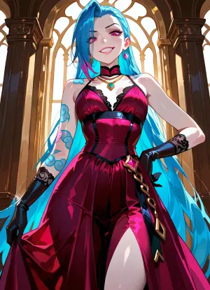 Jinx from League of Legends, beautiful young woman with long wild electric-blue hair with pink tips, pale skin, striking pink eyes, mischievous wide grin showing teeth, signature tattoos on arms and torso, wearing elegant classic Victorian-style clothing, deep red corseted dress with intricate black lace details, long flowing skirt with subtle golden embroidery, white lace blouse underneath, black leather gloves, delicate gold necklace, standing in sophisticated pose with one hand on hip, looking playfully at viewer, dramatic cinematic lighting, highly detailed face, sharp eyes, perfect anatomy, masterpiece, best quality, 8k, intricate details