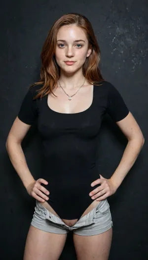 Well-built 29 years old German escort, solo, fully nude, naked, white and pale skin, ((glistening oiled skin:1.1)), ((shag cut auburn hair:1.3)), slim nose, ((small perky breasts:1.1)), ((breasts exposed:.1)), ((flat-chested:.5)), ((very small pale areola:1)), ((very perky nipples:.1)), ((plump meaty pussy)), ((pussy with prominent clit and long hanging labia minora)), ((firm tight round ass)), ((delicate pearl pendant loosely hanging between her breasts:1.2)), ((short-sleeve black cotton cami bodysuit:1.5)), ((grey cotton shorts:1.5)), ((crotchless black thong:.1)), ((wireframe glasses with large lenses:.2)), perfect body, ((sexy face:1.4)), round face, toned abdomen, ((toned back:1)), ((freckles:1.5)), ((skin moles:1.4)), ((leaning against bare black wall looking at viewer:1.5)), ((hands on hips:1.5)), ((professional photography studio)), shadows on her, ((best 3/4 view:1.5)), hard shadows, professional photo, erotic centerfold photo, hyper realistic photo, full hd, 8K