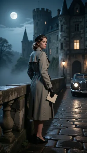 Photorealistic cinematic 1930s mystery scene, stylish woman standing on an old stone bridge near an ancient European castle at night, framed from around the knees or mid-thigh up so her face, posture, and clothing are prominent while the bridge and castle remain visually important, late twenties or early thirties, tailored trench coat or long 1930s coat, gloves, softly waved hair or a small period hat, holding a small envelope or folded letter in one hand, glancing back over her shoulder, stone bridge railing clearly visible beside her, castle looming in the misty background, subtle vintage 1930s car shape near the far end of the bridge, wet stones, moonlight, dim window lights, soft lamplight, subtle fog, elegant European noir spy thriller mood, realistic anatomy, realistic hands, period-correct wardrobe, cinematic composition, shallow depth of field but bridge and castle still readable, high detail