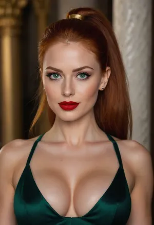 Beautiful woman, attractive woman, athletic body, sexy, long straight redhead hair in ponytail, deep green eyes, big rounded breast, red lipstick, smirk, wearing a black and golden dress, very deep cleavage, in a temple, detailxl