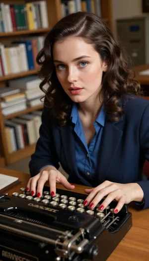 A close-up shot focusing on the upper body and hands, using an 85mm f/1.8 lens to create a very soft background blur, (bokeh), . The image features a vintage 35mm film aesthetic centered on a workday in an office. The pronounced grain of Kodachrome 50 film is clearly visible, creating noticeable analog noise—especially in the shadows—that reinforces the film look and gives the impression of a photograph taken in the 1950s. The scene takes place in a French administrative office in 1950.

An elegant 18-year-old woman with a distinct 1950s retro style and period-typical curly hair is trying to make a good impression. Her large, perfectly symmetrical blue eyes hold an air of incredible innocence, one can immediately tell she has just finished secretarial school. Her face is delicate and carefree, she is not yet accustomed to working. She wears a navy blue suit over a blouse typical of a 1950s secretary.
Her hands—with slender, aristocratic fingers and manicured red nails—rest upon the keys of a vintage black Remington mechanical typewriter set on a teak desk, (though her thumbs hover off the keys), . Each finger is positioned with great precision, adhering to the techniques learned in typing class, she is still typing slowly. The photographer pays special attention to the detail of her hands at work, capturing the structure of her knuckles with striking realism. She is focused, hesitating between each keystroke. Her hesitant manner betrays her inexperience, yet also reveals her desire to do a good job. Her face conveys a blend of shyness and naivety. It is clearly her first day on the job. Her makeup is simple and understated, she has not yet fully adopted the polished look typical of the professional world.

Her skin texture is highly detailed, catching subtle highlights in the light.

Warm late-afternoon light filters through Venetian blinds, casting soft, diffused shadows. The blurred background features bookshelves or office cabinets filled with neatly organized files—typical of a 1950s office—which remain recognizable despite the bokeh effect. The shot was taken spontaneously by a colleague standing nearby, she is turning toward the photographer, looking slightly surprised, which adds a sense of freshness to the scene.