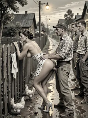 This is is a detailed monochromatic pencil drawing in a classical illustrative style depicts a scene set in USSR, in 1960s, Soviet village, 1960s — a late summer evening. A long wooden village fence stretches along the slushy, wet road, where the dim yellow light of an old street lamp casts shadows. A fashionable 40‑year‑old city dweller — with a large, beautiful bust — is leaning forward in a “doggy style” pose, facing a group of village men. She has bent forward low, resting her slightly bent arms on the old wooden fence. Her snow‑white panties are hanging on the fence. She is illuminated by the light from a street lamp, in the background, a village alley is visible. A married beautiful curvy milf with seductive faces and wide hips, city dweller, a brown elegant hairstyle, she is wearing a polka dot dress in the style of 1960, the dress is lifted high up to the waist, revealing a huge, beautiful butt. a pearl necklace, polished high-heeled shoes completely unsuitable for dirty country roads, carefully curled hair, exaggerated urban sophistication, a female orgasm, chickens running at her feet, rustic peasants in simple clothes watching with fun, rustic atmosphere, humorous contrast between luxurious urban fashion and the poor life of a rural collective farm behind the city lady stands an unshaven village peasant in baggy trousers, an old cap, sharp visors from the movie and battered shoes. He is holding the woman by the waist. He is fucking the woman with his huge, thick, sinewy penis, having pulled his pants down to her hips. he fucks holding a woman by the hips with his hands, This is rough sex from behind — anal sex, hard penetration from behind. Several other men are standing nearby, they are looking at the woman in the doggy position and waiting for their turn. The men are standing in a semicircle.Special attention should be paid to the men’s clothing, ill‑fitting, crumpled jackets, baggy trousers with distinct creases, old eight‑panel caps, rough canvas boots, unbuttoned checkered shirts, and rolled‑up sleeves. all men are mocking, Their clothing is modest, worn, and slightly dusty&nbsp;—&nbsp;this lends the image an extraordinary authenticity characteristic of Soviet rural areas in the 1960s. In the background, wooden houses and scattered trees are visible, where the warm light of a street lamp merges with the deep blue evening sky. The overall atmosphere is both slightly animated and good‑naturedly comical — like a scene from an old Mosfilm film. Soviet cinematic comedy, the authentic aesthetics of Soviet rural life, warm lamp light, film grain, hyper‑realistic and detailed clothing textures, a relaxed moment, a nostalgic atmosphere. Side angle, medium shot., The overall mood is intense, rendered in fine, expressive line work and subtle shading, evoking the style of 1950s satirical or moralistic illustrations.