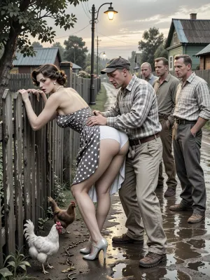 This is is a detailed monochromatic pencil drawing in a classical illustrative style depicts a scene set in USSR, in 1960s, Soviet village, 1960s — a late summer evening. A long wooden village fence stretches along the slushy, wet road, where the dim yellow light of an old street lamp casts shadows. A fashionable 40‑year‑old city dweller — with a large, beautiful bust — is leaning forward in a “doggy style” pose, facing a group of village men. She has bent forward low, resting her slightly bent arms on the old wooden fence. Her snow‑white panties are visible. She is illuminated by the light from a street lamp, in the background, a village alley is visible. A married beautiful curvy milf with seductive faces and wide hips, city dweller, a brown elegant hairstyle, she is wearing a polka dot dress in the style of 1960, the dress is lifted high up to the waist, revealing a huge, beautiful butt. a pearl necklace, polished high-heeled shoes completely unsuitable for dirty country roads, carefully curled hair, exaggerated urban sophistication, a female orgasm, chickens running at her feet, rustic peasants in simple clothes watching with fun, rustic atmosphere, humorous contrast between luxurious urban fashion and the poor life of a rural collective farm behind the city lady stands an unshaven village peasant in baggy trousers, an old cap, sharp visors from the movie and battered shoes with vulgar smile. He is holding the woman by the waist. He is roughly paw the woman with his hand, touchs her bottoms by his fingers, This is rough grabs from behind . Several other men are standing nearby, they are looking at the woman in the doggy position and waiting for their turn. The men are standing in a semicircle.Special attention should be paid to the men’s clothing, ill‑fitting, crumpled jackets, baggy trousers with distinct creases, old eight‑panel caps, rough canvas boots, unbuttoned checkered shirts, and rolled‑up sleeves., ((all the village men mockingly laugh at her)), Their clothing is modest, worn, and slightly dusty&nbsp;—&nbsp;this lends the image an extraordinary authenticity characteristic of Soviet rural areas in the 1960s. In the background, wooden houses and scattered trees are visible, where the warm light of a street lamp merges with the deep blue evening sky. The overall atmosphere is both slightly animated and good‑naturedly comical — like a scene from an old Mosfilm film. Soviet cinematic comedy, the authentic aesthetics of Soviet rural life, warm lamp light, film grain, hyper‑realistic and detailed clothing textures, a relaxed moment, a nostalgic atmosphere. Side angle, medium shot., The overall mood is intense, rendered in fine, expressive line work and subtle shading, evoking the style of 1950s satirical or moralistic illustrations.