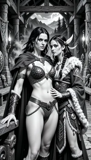 A black and white line drawing depicting an adult Cimmerian barbarian queen standing in the great hall of her people in Cimmeria, in a dark sword-and-sorcery world inspired by Conan. She is in her mid-twenties, tall, muscular, powerful and regal, with long wild dark hair, strong rugged features, pale weathered skin, and a calm, stern, self-assured expression. She is beautiful in a fierce northern way, more powerful than delicate. She wears rich but harsh Cimmerian chainmail bikini suited to a cold brutal land, detailed chainmail bikini made from detailed steel rings linked together to form the erotic fantasy armor, broad belts, arm rings, carved bone and stone jewelry, and a heavy cloak draped around her shoulders, her breasts and vagina is visible through the chain links of her chainmail bikini. One hand rests on the carved arm of a rough wooden throne.

Behind and slightly beside her stands her female Cimmerian sorcerer, advisor and lover. She is an equally beautiful adult woman, slightly taller, with long dark hair braided with bone beads and feathers, intense pale eyes, and an unreadable expression. She wears layered robes and cloaks of fur, wool and leather, decorated with runes, carved talismans, bone charms and ancient tribal symbols. She stands much closer than a mere advisor should, one hand resting lightly and possessively at the queen’s waist as she leans toward her ear as if whispering private counsel. The queen’s relaxed posture and faint private smile reveal intimacy, trust and conspiracy between them.

The setting is unmistakably Cimmerian, massive timber beams, rough stone walls, carved wooden pillars, animal pelts, shields, spears, smoky braziers, long benches, banners, and a distant opening toward bleak mountains, dark forests and a storm-heavy sky. Subtle ancient magic surrounds the sorceress, faint mist around her fingers and the ghostly suggestion of a wolf, raven or shadowy ancestral spirit in the darkness behind her.

Rendered as detailed black and white lineart, ink illustration, clean contour lines, crisp linework, elegant hatching and cross-hatching, no color, no grayscale painting, no painterly shading, strong silhouettes, dramatic lighting suggested through line density, full-body composition, queen dominant in the foreground, sorceress intimately behind her, richly detailed fur, leather, metal, chainmail, wood and stone textures, realistic anatomy, classic fantasy illustration feel, refined monochrome sword-and-sorcery art.