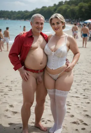 (1boy, 1Mom:1.4), (different ages:1.6), Chinese baddie blonde tall elegant mature Mom with little short torso tiny stepson, (in living public beach outdoor:1.2), family photo portrait together, (gilf:1.15), (bbw:.9), (crotchless clothes:1), white corset, (red leather belt), (white lace stockings), (leather straps, lace white crotchless leggings with garter), white summer jacket, (sunhat:.8), saggy waist, (big natural saggy breasts under big cups white bra:1.2), (white tight crotchless panties:1.3), (pierced nipples rings), (big labia cameltoe:1.5), (gaping vagina:1.2), (oiled glossyshiny skin:1.4), (cellulite:1.3), (detailed elegant red 1 bag:1.2), necklace, living dynamic poses, perfect 5 fingers, slutty smirk, hugs, .