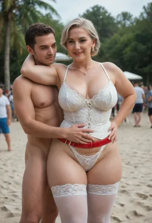 (1boy, 1Mom:1.4), (different ages:2), Chinese baddie blonde tall elegant mature Mom with little short torso tiny stepson, (in living public beach outdoor:1.2), family photo portrait together, (gilf:1.15), (bbw:.9), (crotchless clothes:1), white corset, (red leather belt), (white lace stockings), (leather straps, lace white crotchless leggings with garter), white summer jacket, (sunhat:.8), saggy waist, (big natural saggy breasts under big cups white bra:1.2), (white tight crotchless panties:1.3), (pierced nipples rings), (big labia cameltoe:1.5), (gaping vagina:1.2), (oiled glossyshiny skin:1.4), (cellulite:1.3), (detailed elegant red 1 bag:1.2), necklace, living dynamic poses, perfect 5 fingers, slutty smirk, hugs, .