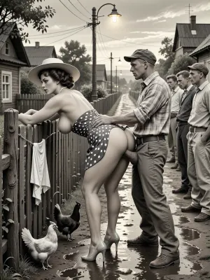 This is is a detailed monochromatic pencil drawing in a classical illustrative style depicts a scene set in USSR, in 1960s, Soviet village, 1960s — a late summer evening. A long wooden village fence stretches along the slushy, wet road, where the dim yellow light of an old street lamp casts shadows. A fashionable 40‑year‑old city dweller — with a large, beautiful bust — is leaning forward in a “doggy style” pose, facing a group of village men. She has bent forward low, resting her slightly bent arms on the old wooden fence. Her snow‑white panties are hanging on the fence. She is illuminated by the light from a street lamp, in the background, a village alley is visible. A married beautiful curvy milf with seductive faces and wide hips, city dweller, a brown elegant hairstyle, she is wearing a polka dot dress in the style of 1960, the dress is lifted high up to the waist, revealing a huge, beautiful butt. a pearl necklace, a stylish wide-brimmed hat, polished high-heeled shoes completely unsuitable for dirty country roads, carefully curled hair, exaggerated urban sophistication, a female orgasm, chickens running at her feet, rustic peasants in simple clothes watching with fun, rustic atmosphere, humorous contrast between luxurious urban fashion and the poor life of a rural collective farm behind the city lady stands an unshaven village peasant in baggy trousers, an old cap, sharp visors from the movie and battered shoes. He is holding the woman by the waist. He is fucking the woman with his huge, thick, sinewy penis, having pulled his pants down to her hips. This is rough sex from behind — anal sex, hard penetration from behind. Several other men are standing nearby, they are looking at the woman in the doggy position and waiting for their turn. The men are standing in a semicircle.
Special attention should be paid to the men’s clothing, ill‑fitting, crumpled jackets, baggy trousers with distinct creases, old eight‑panel caps, rough canvas boots, unbuttoned checkered shirts, and rolled‑up sleeves. Their clothing is modest, worn, and slightly dusty&nbsp;—&nbsp;this lends the image an extraordinary authenticity characteristic of Soviet rural areas in the 1960s. In the background, wooden houses and scattered trees are visible, where the warm light of a street lamp merges with the deep blue evening sky. The overall atmosphere is both slightly animated and good‑naturedly comical — like a scene from an old Mosfilm film. Soviet cinematic comedy, the authentic aesthetics of Soviet rural life, warm lamp light, film grain, hyper‑realistic and detailed clothing textures, a relaxed moment, a nostalgic atmosphere. Side angle, medium shot., The overall mood is intense, rendered in fine, expressive line work and subtle shading, evoking the style of 1950s satirical or moralistic illustrations.