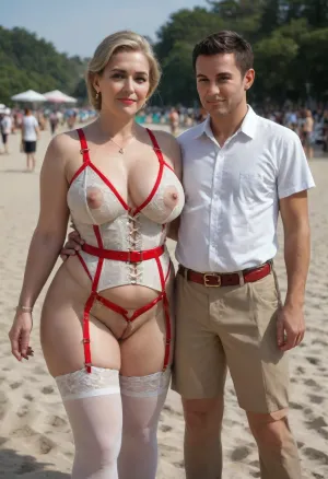 (1boy, 1Mom:1.4), Chinese baddie blonde tall elegant mature Mom with little short torso tiny stepson, (in living public beach outdoor:1.2), family photo portrait together, (gilf:1.15), (bbw:.9), (crotchless clothes:1), white corset, (red leather belt), (white lace stockings), (leather straps, lace white crotchless leggings with garter), white summer jacket, (sunhat:.8), saggy waist, (big natural saggy breasts under big cups white bra:1.2), (white tight crotchless panties:1.3), (pierced nipples rings), (big labia cameltoe:2), (gaping vagina:1.2), (oiled glossyshiny skin:1.4), (cellulite:1.3), (detailed elegant red 1 bag:1.2), necklace, living dynamic poses, perfect 5 fingers, slutty smirk, .