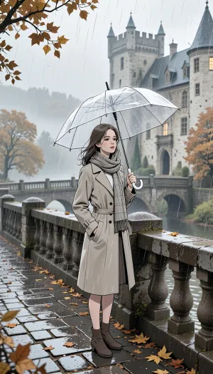A detailed 2D line art illustration of a beautiful young woman standing on an old stone bridge near a historic European castle during gentle autumn rain. She is in her late twenties, with softly windswept hair and a calm, thoughtful expression. She wears an elegant autumn coat and scarf, and holds a transparent umbrella above her. The image is framed from around the knees or mid-thigh up so she is clearly the main focus, while the old stone bridge, bridge railing, wet cobblestones, and the castle in the background remain clearly visible and important to the composition.

A detailed 2D line art illustration of a beautiful young woman standing on an old stone bridge near a historic European castle during gentle autumn rain. She is in her late twenties, and the castle in the background remain clearly visible and important to the composition. The scene should feel romantic, atmospheric, and poetic. Fallen autumn leaves are scattered across the bridge, and faint rain can be seen against the umbrella and in the air. The castle rises in the background through soft mist, with a few subtle glowing windows. The artwork should be rendered as a clean, expressive 2D ink-style line drawing or pen-and-ink style stregtegning, with elegant contour lines, fine cross-hatching, light shading, and careful architectural detail. Emphasis on clear outlines, transparent umbrella structure, graceful pose, believable perspective, and a balanced composition. Monochrome or mostly monochrome line art, optionally with only the lightest hint of muted tone, no painterly rendering, no photorealism, no 3D look.