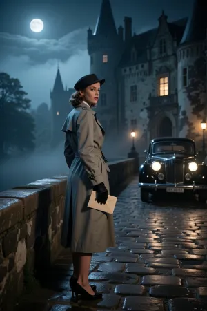 Photorealistic cinematic 1930s mystery scene, stylish woman standing on an old stone bridge near an ancient European castle at night, late twenties or early thirties, tailored trench coat or long 1930s coat, gloves, softly waved hair or small period hat, holding a small envelope or folded letter, glancing back over her shoulder, secret meeting atmosphere, vintage 1930s car parked discreetly near the far end of the bridge, castle looming in the misty background, moonlight and dim window lights, wet stones, soft lamplight, subtle fog, elegant European noir spy thriller mood, realistic anatomy, realistic hands, period-correct wardrobe, moody cinematic composition, high detail