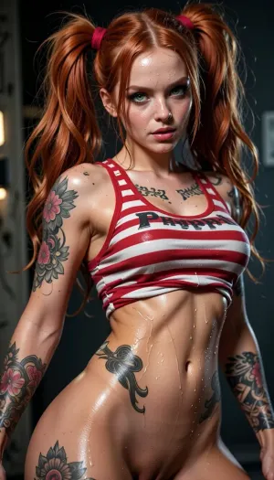 fullbody, slender strong tattooed ginger female bodybuilder, 20 yo Pippi Langstrumpf posing in striped tanktop, skinny, big vascular veins, perfect cleavage, long hips, shiny green eyes, tough, thin waist, wet body, detailed tattoo on skin, overly massive shoulder, small hips, highly detailed RAW, artstation, concept art, sharp focus, illustration, artstyle comicbook, perfect eyes, professional eyelashes, rimlight, ultra-detailed, messy twintails, very long tails, red hair, style ripped hyper-realistic photorealistic master production, super high definition, super detailed, 8K
