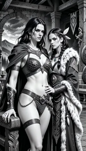 A black and white line drawing depicting an adult Cimmerian barbarian queen standing in the great hall of her people in Cimmeria, in a dark sword-and-sorcery world inspired by Conan. She is in her mid-twenties, tall, powerful and regal, with long wild dark hair, strong rugged features, pale weathered skin, and a calm, stern, self-assured expression. She is beautiful in a fierce northern way, more powerful than delicate. She wears rich but harsh Cimmerian chainmail bikini suited to a cold brutal land, detailed chainmail bikini made from detailed steel rings linked together to form the erotic fantasy armor, broad belts, arm rings, carved bone and stone jewelry, and a heavy cloak draped around her shoulders. One hand rests on the carved arm of a rough wooden throne.

Behind and slightly beside her stands her female Cimmerian sorcerer, advisor and lover. She is an equally beautiful adult woman, slightly taller, with long dark hair braided with bone beads and feathers, intense pale eyes, and an unreadable expression. She wears layered robes and cloaks of fur, wool and leather, decorated with runes, carved talismans, bone charms and ancient tribal symbols. She stands much closer than a mere advisor should, one hand resting lightly and possessively at the queen’s waist as she leans toward her ear as if whispering private counsel. The queen’s relaxed posture and faint private smile reveal intimacy, trust and conspiracy between them.

The setting is unmistakably Cimmerian, massive timber beams, rough stone walls, carved wooden pillars, animal pelts, shields, spears, smoky braziers, long benches, banners, and a distant opening toward bleak mountains, dark forests and a storm-heavy sky. Subtle ancient magic surrounds the sorceress, faint mist around her fingers and the ghostly suggestion of a wolf, raven or shadowy ancestral spirit in the darkness behind her.

Rendered as detailed black and white lineart, ink illustration, clean contour lines, crisp linework, elegant hatching and cross-hatching, no color, no grayscale painting, no painterly shading, strong silhouettes, dramatic lighting suggested through line density, full-body composition, queen dominant in the foreground, sorceress intimately behind her, richly detailed fur, leather, metal, chainmail, wood and stone textures, realistic anatomy, classic fantasy illustration feel, refined monochrome sword-and-sorcery art.