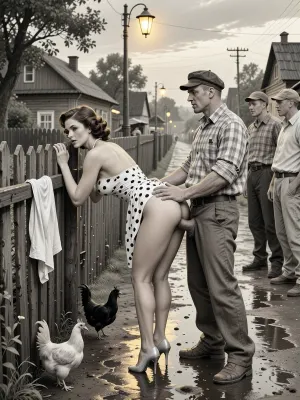 This is is a detailed monochromatic pencil drawing in a classical illustrative style depicts a scene set in USSR, in 1960s, Soviet village, 1960s — a late summer evening. A long wooden village fence stretches along the slushy, wet road, where the dim yellow light of an old street lamp casts shadows. A fashionable 40‑year‑old city dweller — with a large, beautiful bust — is leaning forward in a “doggy style” pose, facing a group of village men. She has bent forward low, resting her slightly bent arms on the old wooden fence. Her snow‑white panties are hanging on the fence. She is illuminated by the light from a street lamp, in the background, a village alley is visible. A married beautiful curvy milf with seductive faces and wide hips, city dweller, a brown elegant hairstyle, she is wearing a polka dot dress in the style of 1960, the dress is lifted high up to the waist, revealing a huge, beautiful butt. a pearl necklace, polished high-heeled shoes completely unsuitable for dirty country roads, carefully curled hair, exaggerated urban sophistication, a female orgasm, chickens running at her feet, rustic peasants in simple clothes watching with fun, rustic atmosphere, humorous contrast between luxurious urban fashion and the poor life of a rural collective farm behind the city lady stands an unshaven village peasant in baggy trousers, an old cap, sharp visors from the movie and battered shoes. He is holding the woman by the waist. He is fucking the woman with his huge, thick, sinewy penis, having pulled his pants down to her hips. he fucks holding a woman by the hips with his hands, This is rough sex from behind — anal sex, hard penetration from behind. Several other men are standing nearby, they are looking at the woman in the doggy position and waiting for their turn. The men are standing in a semicircle.Special attention should be paid to the men’s clothing, ill‑fitting, crumpled jackets, baggy trousers with distinct creases, old eight‑panel caps, rough canvas boots, unbuttoned checkered shirts, and rolled‑up sleeves., ((all the village men mockingly laugh at her)), Their clothing is modest, worn, and slightly dusty&nbsp;—&nbsp;this lends the image an extraordinary authenticity characteristic of Soviet rural areas in the 1960s. In the background, wooden houses and scattered trees are visible, where the warm light of a street lamp merges with the deep blue evening sky. The overall atmosphere is both slightly animated and good‑naturedly comical — like a scene from an old Mosfilm film. Soviet cinematic comedy, the authentic aesthetics of Soviet rural life, warm lamp light, film grain, hyper‑realistic and detailed clothing textures, a relaxed moment, a nostalgic atmosphere. Side angle, medium shot., The overall mood is intense, rendered in fine, expressive line work and subtle shading, evoking the style of 1950s satirical or moralistic illustrations.