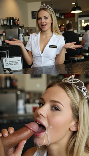 Photorealistic vertical split-screen, top half and bottom half completely independent, interracial.

TOP HALF, Young blonde woman with silver tiara and white uniform standing behind a counter, exact same framing as the top reference. She is alone. She behaves actively and energetically, smiles flirty, gestures with her hands, shifts her weight, leans closer to the camera while speaking, and makes lively natural head and shoulder movements. She looks at the camera and speaks energetically with playful pauses in a teasing voice, “Em… I’ve got a 5-minute break right now… Any ideas what we can do? M?…” Only her voice is heard. Soft natural breathing. Moderately busy cafe background sounds with distant voices. No oral actions, no cock, no cum on the top half.

BOTTOM HALF, Close-up of the same young blonde woman. Her face, lips and chin are covered with transparent white cum from the first frame and the cum stays on her face the entire time. A man’s hand rhythmically strokes a thick hard cock. She greedily sucks the cock, looking at the camera with a happy pleasure expression, moving her mouth on the cock and smearing the cum. No speaking, no dialogue, only soft wet sucking sounds and her quiet pleasure breathing. No counter.

Top half = active flirty gesturing, leaning closer, energetic monologue. Bottom half = only continuous blowjob with permanent cum and pleasure. The two halves never exchange actions, faces, or sound. Strict real-time normal speed.

Pure visual video, no subtitles, no text, no captions.