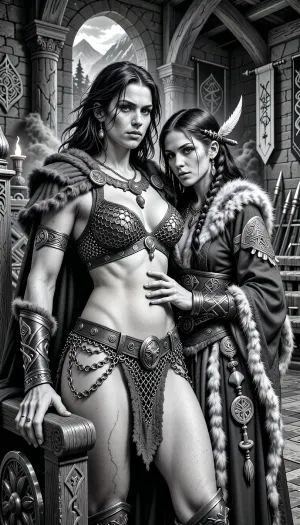 A black and white line drawing depicting an adult Cimmerian barbarian queen standing in the great hall of her people in Cimmeria, in a dark sword-and-sorcery world inspired by Conan. She is in her mid-twenties, tall, muscular, powerful and regal, with long wild dark hair, strong rugged features, pale weathered skin, and a calm, stern, self-assured expression. She is beautiful in a fierce northern way, more powerful than delicate. She wears rich but harsh Cimmerian chainmail bikini suited to a cold brutal land, detailed chainmail armor consisting of a bra like chainmail top and a chainmail loincloth, made from detailed steel rings linked together to form the erotic fantasy armor, broad belts, arm rings, carved bone and stone jewelry, and a heavy cloak draped around her shoulders, her breasts and vagina is visible through the chain links of her chainmail armor. One hand rests on the carved arm of a rough wooden throne.

Behind and slightly beside her stands her female Cimmerian sorcerer, advisor and lover. She is an equally beautiful adult woman, slightly taller, with long dark hair braided with bone beads and feathers, intense pale eyes, and an unreadable expression. She wears layered robes and cloaks of fur, wool and leather, decorated with runes, carved talismans, bone charms and ancient tribal symbols. She stands much closer than a mere advisor should, one hand resting lightly and possessively at the queen’s waist as she leans toward her ear as if whispering private counsel. The queen’s relaxed posture and faint private smile reveal intimacy, trust and conspiracy between them.

The setting is unmistakably Cimmerian, massive timber beams, rough stone walls, carved wooden pillars, animal pelts, shields, spears, smoky braziers, long benches, banners, and a distant opening toward bleak mountains, dark forests and a storm-heavy sky. Subtle ancient magic surrounds the sorceress, faint mist around her fingers and the ghostly suggestion of a wolf, raven or shadowy ancestral spirit in the darkness behind her.

Rendered as detailed black and white lineart, ink illustration, clean contour lines, crisp linework, elegant hatching and cross-hatching, no color, no grayscale painting, no painterly shading, strong silhouettes, dramatic lighting suggested through line density, full-body composition, queen dominant in the foreground, sorceress intimately behind her, richly detailed fur, leather, metal, chainmail, wood and stone textures, realistic anatomy, classic fantasy illustration feel, refined monochrome sword-and-sorcery art.