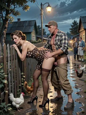 This is is a detailed monochromatic pencil drawing in a classical illustrative style depicts a scene set in USSR, in 1960s, Soviet village, 1960s — a late summer evening. A long wooden village fence stretches along the slushy, wet road, where the dim yellow light of an old street lamp casts shadows. A fashionable 40‑year‑old city dweller — with a large, beautiful bust — is leaning forward in a “doggy style” pose, She has bent forward low, resting her slightly bent arms on the old wooden fence. She is illuminated by the light from a street lamp, in the background, a village alley is visible. A married beautiful curvy milf with seductive faces and wide hips, city dweller, a brown elegant hairstyle, she is wearing a polka dot dress in the style of 1960, in brown stockings, the dress is lifted high up to the waist, revealing a huge, beautiful butt. a pearl necklace, polished high-heeled shoes completely unsuitable for dirty country roads, carefully curled hair, exaggerated urban sophistication, a female orgasm, chickens running at her feet, rustic peasants in simple clothes watching with fun, rustic atmosphere, humorous contrast between luxurious urban fashion and the poor life of a rural collective farm behind the city lady stands an unshaven village peasant in baggy trousers pulled down to the knees and a worn‑out plaid shirt with the sleeves rolled up, an old cap, sharp visors from the movie and battered shoes. He is holding the woman by the waist. He is fucking the woman with his huge, thick, sinewy penis, having pulled his pants down to her hips. he fucks holding a woman by the hips with his hands, This is rough sex from behind — anal sex, hard penetration from behind., ((the village man mockingly laugh at her)), . In the background, wooden houses and scattered trees are visible, where the warm light of a street lamp merges with the deep blue evening sky. The overall atmosphere is both slightly animated and good‑naturedly comical — like a scene from an old Mosfilm film. Soviet cinematic comedy, the authentic aesthetics of Soviet rural life, warm lamp light, film grain, hyper‑realistic and detailed clothing textures, a relaxed moment, a nostalgic atmosphere. Side angle, medium shot., The overall mood is intense, rendered in fine, expressive line work and subtle shading, evoking the style of 1950s satirical or moralistic illustrations.