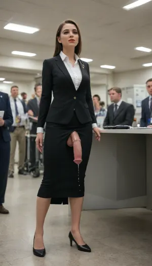 People are watching a 35-year-old beautiful futanari woman with an erect black and pink horse penis and black saggy big testicles posing sexually facing dressed people, dressed in a pantsuit and stilettos, masturbating in the crowded busy office, prople, tables, computers, horse penis, (((people touch horse penis))), stern expression, dressed people around look in shock, cum pouring profusely, orgasm on the face, in full height, airport.

High realism and detail, 8K, masterpiece, <lora:Voe_Doe:.8>